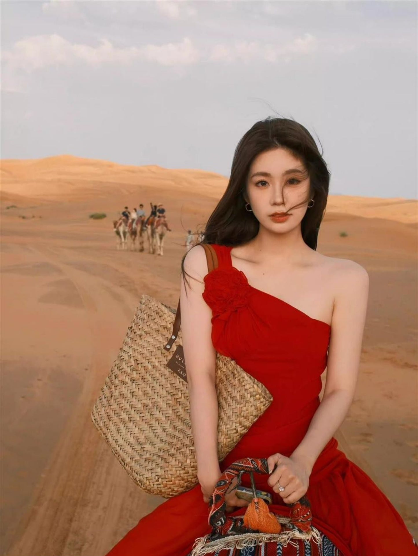 Boho Flowy Vacation Maxi Dress Ruffles Hem Full Flared Sleeveless One Shoulder Long Dress AP0416