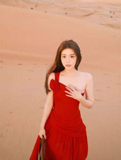 Boho Flowy Vacation Maxi Dress Ruffles Hem Full Flared Sleeveless One Shoulder Long Dress AP0416