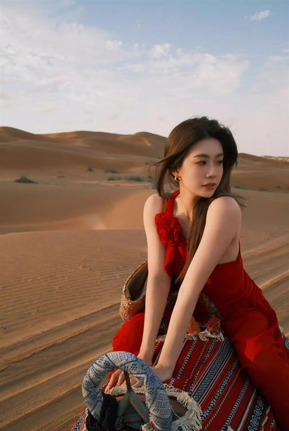 Boho Flowy Vacation Maxi Dress Ruffles Hem Full Flared Sleeveless One Shoulder Long Dress AP0416