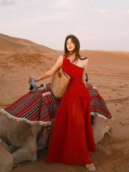 Boho Flowy Vacation Maxi Dress Ruffles Hem Full Flared Sleeveless One Shoulder Long Dress AP0416