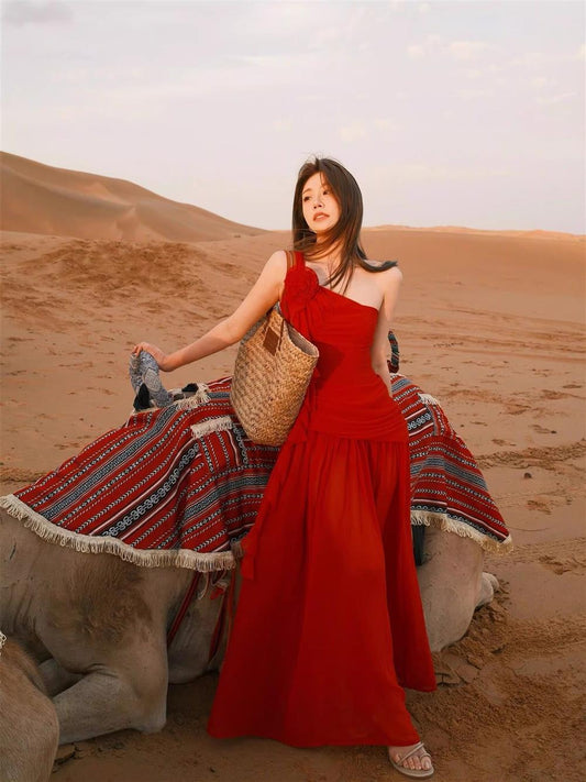 Boho Flowy Vacation Maxi Dress Ruffles Hem Full Flared Sleeveless One Shoulder Long Dress AP0416