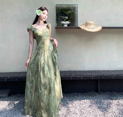 French Floral Off-Shoulder V Neck Dress Flowy Romantic Flutter Sleeve Long Dress AP0417