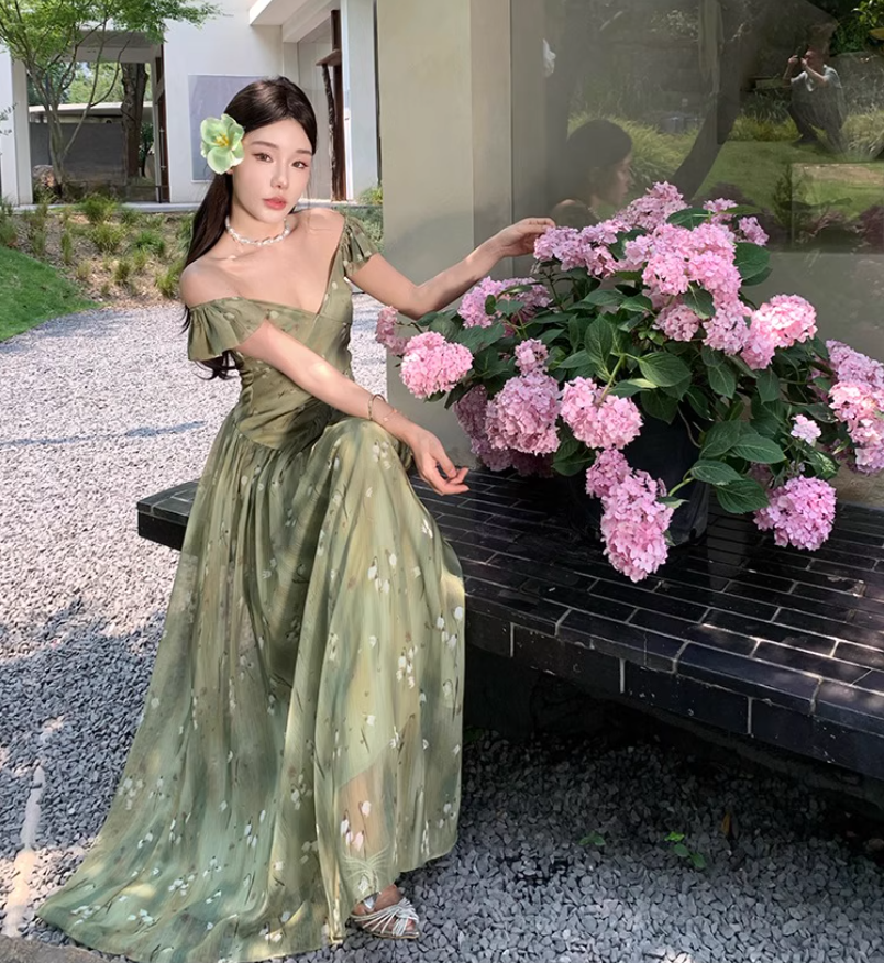 French Floral Off-Shoulder V Neck Dress Flowy Romantic Flutter Sleeve Long Dress AP0417