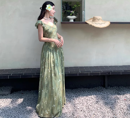 French Floral Off-Shoulder V Neck Dress Flowy Romantic Flutter Sleeve Long Dress AP0417