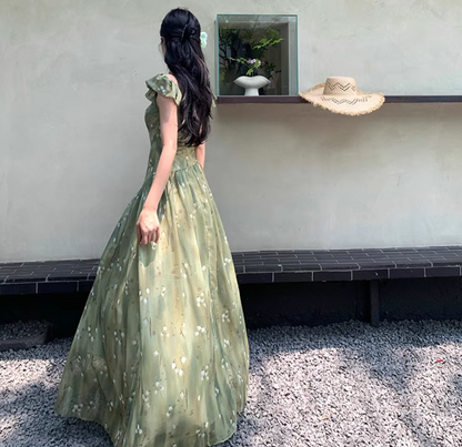 French Floral Off-Shoulder V Neck Dress Flowy Romantic Flutter Sleeve Long Dress AP0417