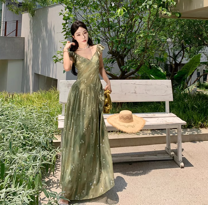 French Floral Off-Shoulder V Neck Dress Flowy Romantic Flutter Sleeve Long Dress AP0417