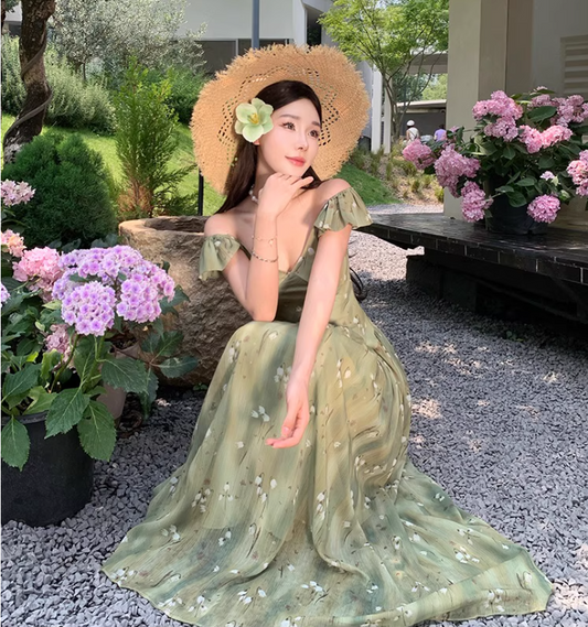 French Floral Off-Shoulder V Neck Dress Flowy Romantic Flutter Sleeve Long Dress AP0417