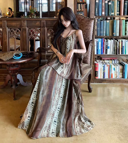 Boho Style Two Piece Set Dress Elegant Spaghetti Strap Travel Outfit Long Dress AP0418