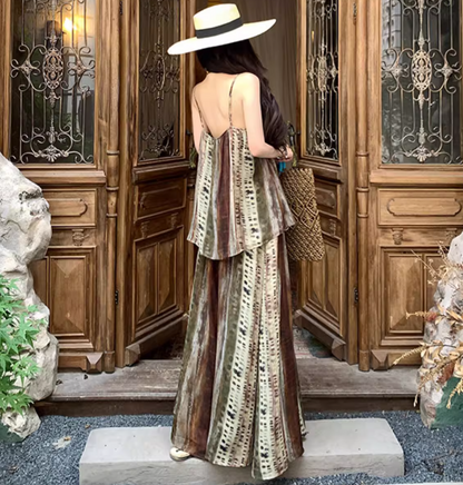 Boho Style Two Piece Set Dress Elegant Spaghetti Strap Travel Outfit Long Dress AP0418
