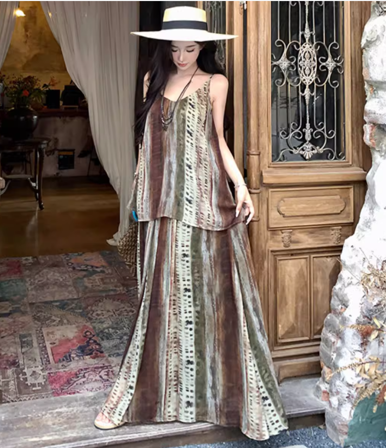 Boho Style Two Piece Set Dress Elegant Spaghetti Strap Travel Outfit Long Dress AP0418