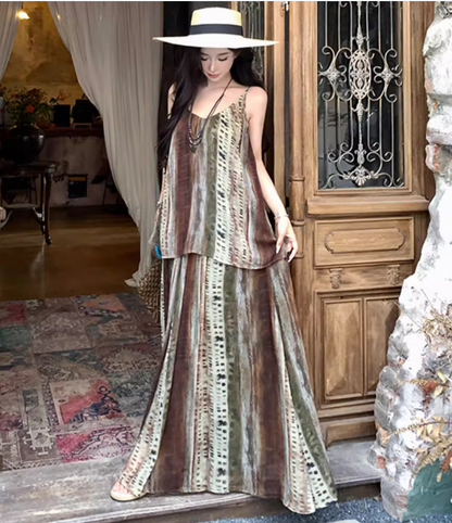 Boho Style Two Piece Set Dress Elegant Spaghetti Strap Travel Outfit Long Dress AP0418