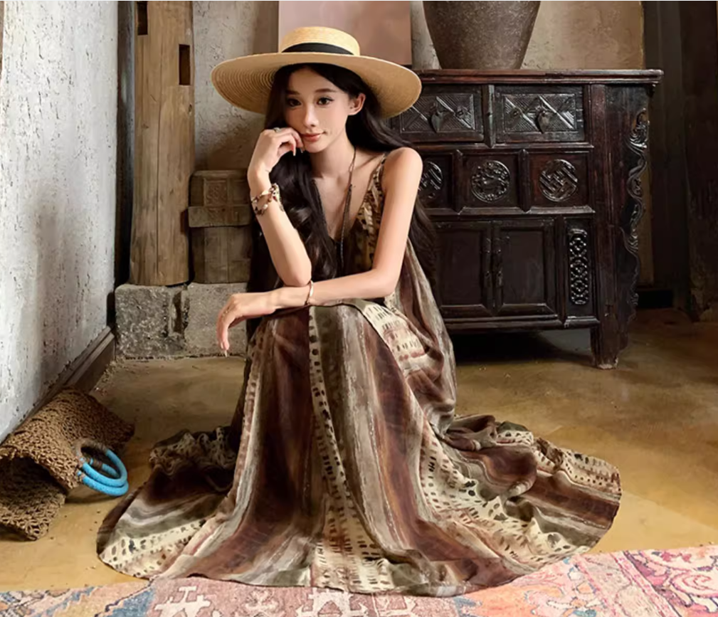 Boho Style Two Piece Set Dress Elegant Spaghetti Strap Travel Outfit Long Dress AP0418