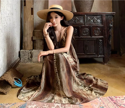 Boho Style Two Piece Set Dress Elegant Spaghetti Strap Travel Outfit Long Dress AP0418