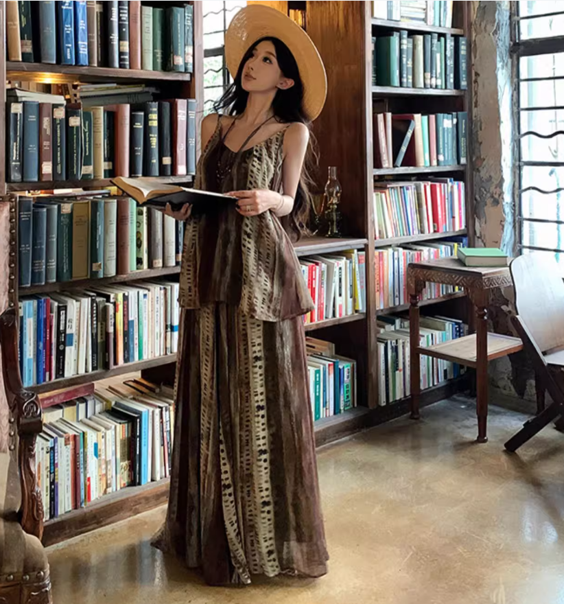 Boho Style Two Piece Set Dress Elegant Spaghetti Strap Travel Outfit Long Dress AP0418