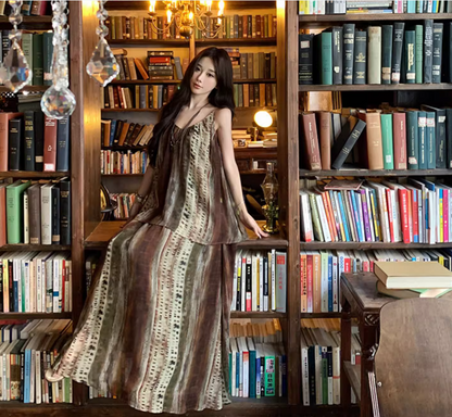 Boho Style Two Piece Set Dress Elegant Spaghetti Strap Travel Outfit Long Dress AP0418