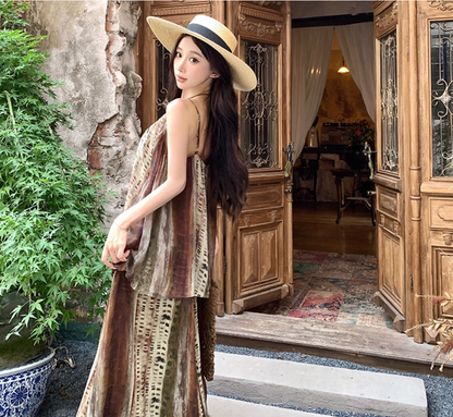Boho Style Two Piece Set Dress Elegant Spaghetti Strap Travel Outfit Long Dress AP0418