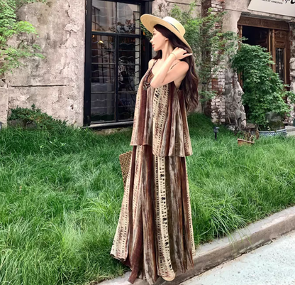 Boho Style Two Piece Set Dress Elegant Spaghetti Strap Travel Outfit Long Dress AP0418