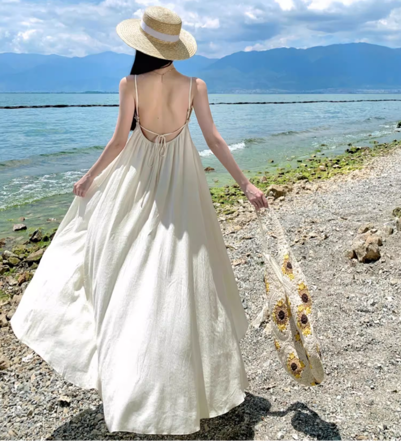 Lace Splicing Backless Brightening Ruffled Dress Spaghetti Strap Vacation Long Dress AP0419