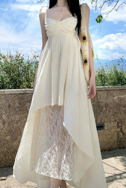 Lace Splicing Backless Brightening Ruffled Dress Spaghetti Strap Vacation Long Dress AP0419