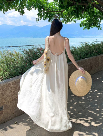 Lace Splicing Backless Brightening Ruffled Dress Spaghetti Strap Vacation Long Dress AP0419