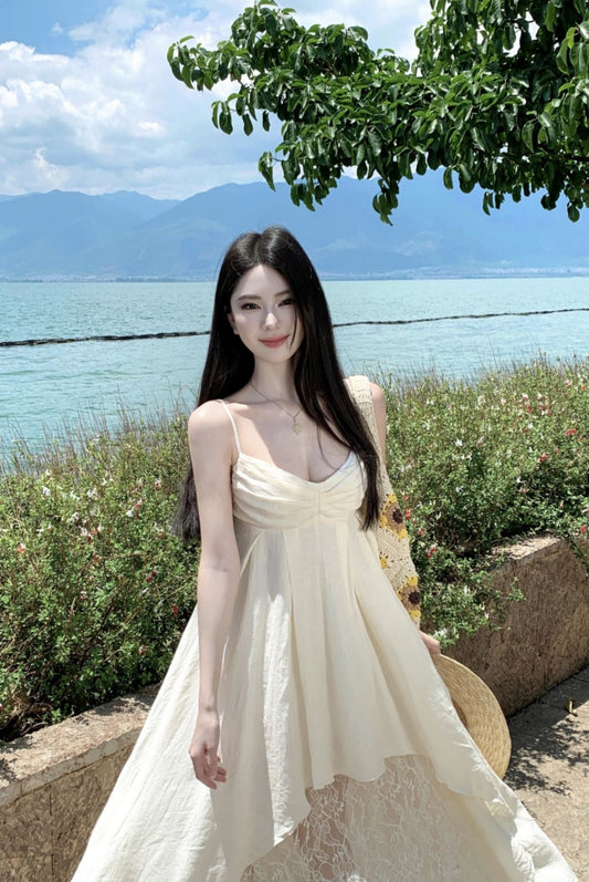 Lace Splicing Backless Brightening Ruffled Dress Spaghetti Strap Vacation Long Dress AP0419