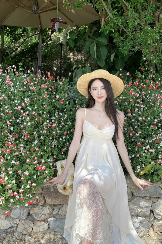 Lace Splicing Backless Brightening Ruffled Dress Spaghetti Strap Vacation Long Dress AP0419