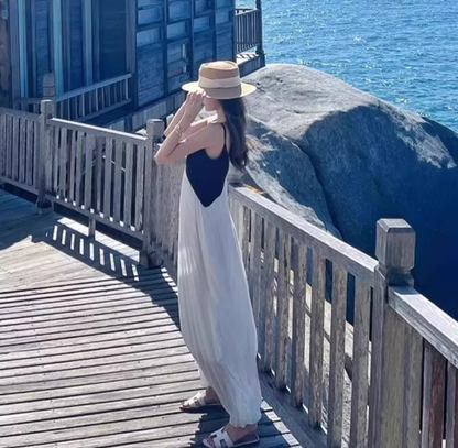 Shirred Tulle White-Black Splicing V Neck Brightening Dress Spaghetti Strap Vacation Long Dress AP0420