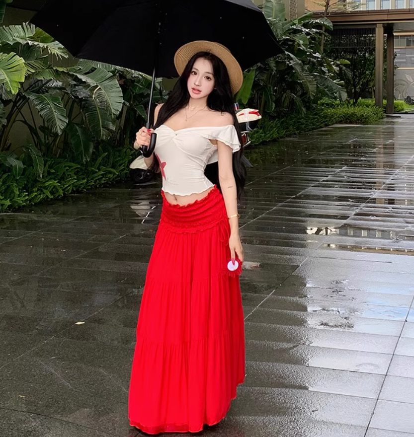 Two Piece Set Elegant Boho Style Off-Shoulder Dress Strapless Travel Outfit Long Dress AP0421