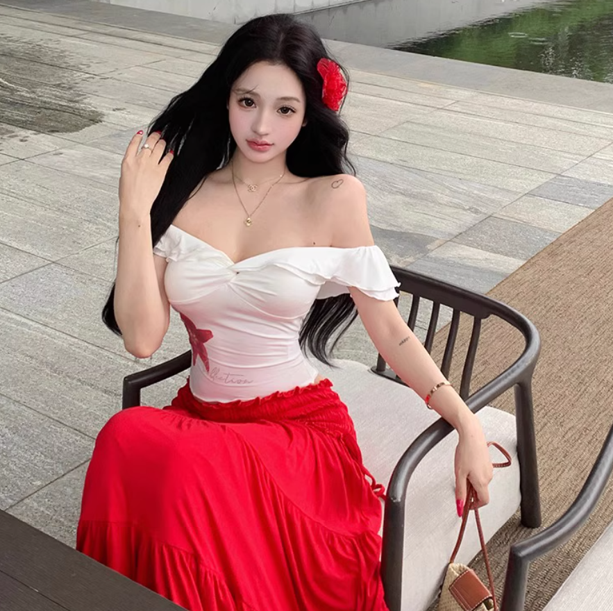 Two Piece Set Elegant Boho Style Off-Shoulder Dress Strapless Travel Outfit Long Dress AP0421