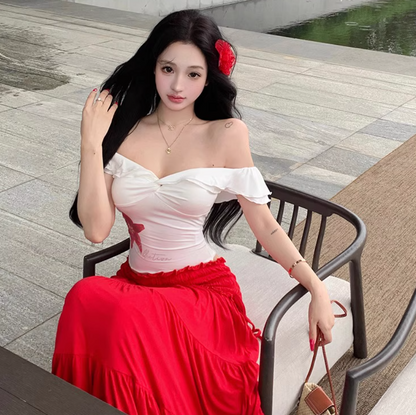 Two Piece Set Elegant Boho Style Off-Shoulder Dress Strapless Travel Outfit Long Dress AP0421