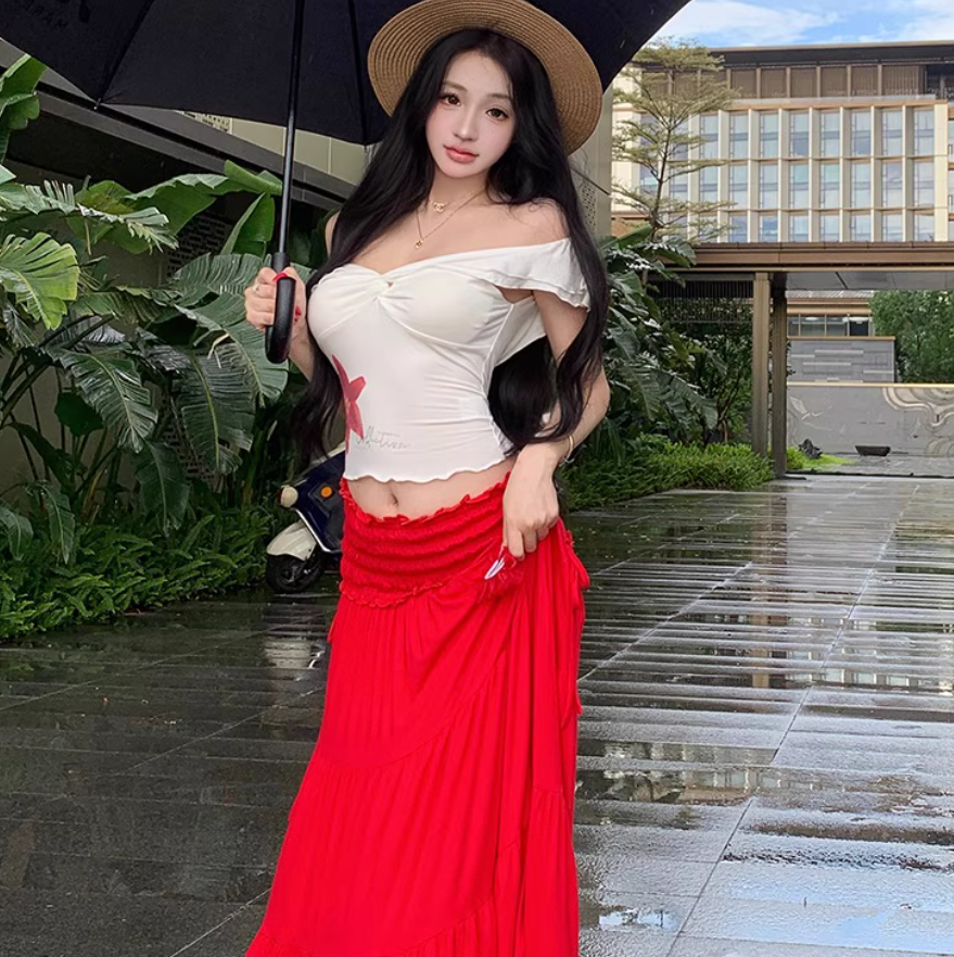 Two Piece Set Elegant Boho Style Off-Shoulder Dress Strapless Travel Outfit Long Dress AP0421