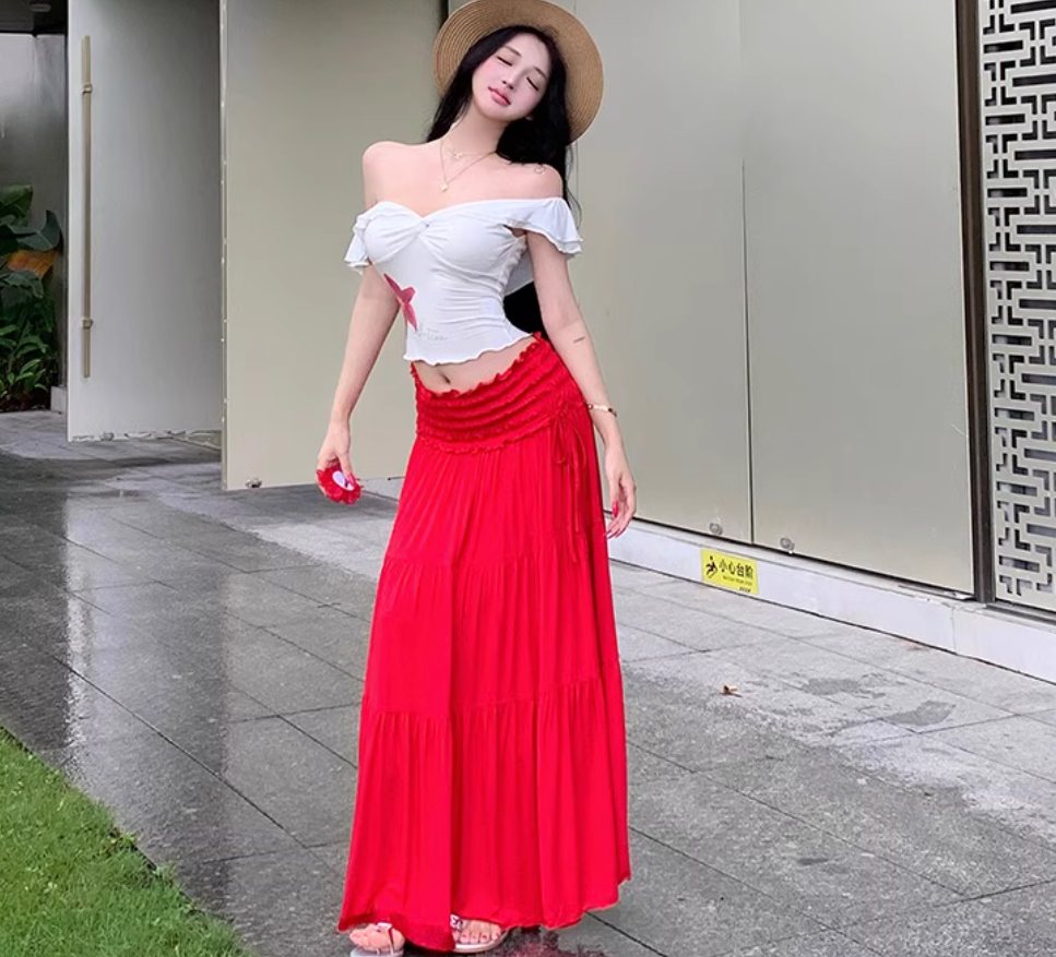 Two Piece Set Elegant Boho Style Off-Shoulder Dress Strapless Travel Outfit Long Dress AP0421