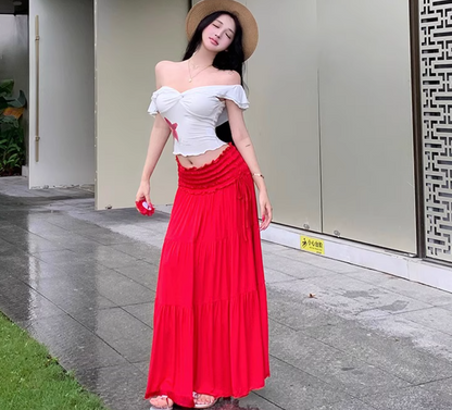 Two Piece Set Elegant Boho Style Off-Shoulder Dress Strapless Travel Outfit Long Dress AP0421