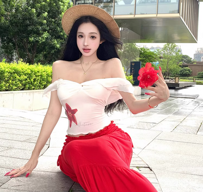 Two Piece Set Elegant Boho Style Off-Shoulder Dress Strapless Travel Outfit Long Dress AP0421