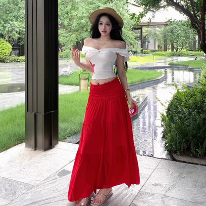 Two Piece Set Elegant Boho Style Off-Shoulder Dress Strapless Travel Outfit Long Dress AP0421