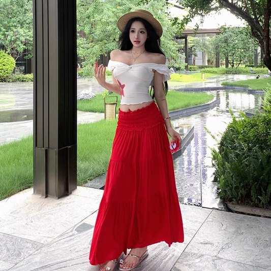 Two Piece Set Elegant Boho Style Off-Shoulder Dress Strapless Travel Outfit Long Dress AP0421