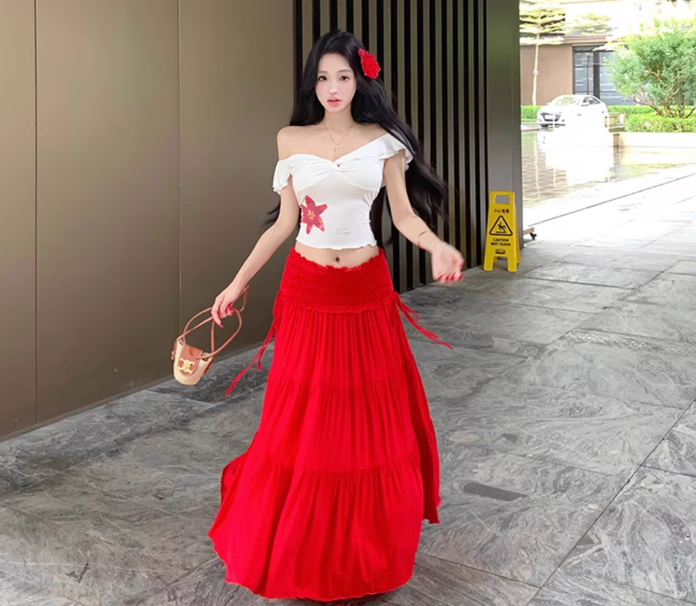 Two Piece Set Elegant Boho Style Off-Shoulder Dress Strapless Travel Outfit Long Dress AP0421