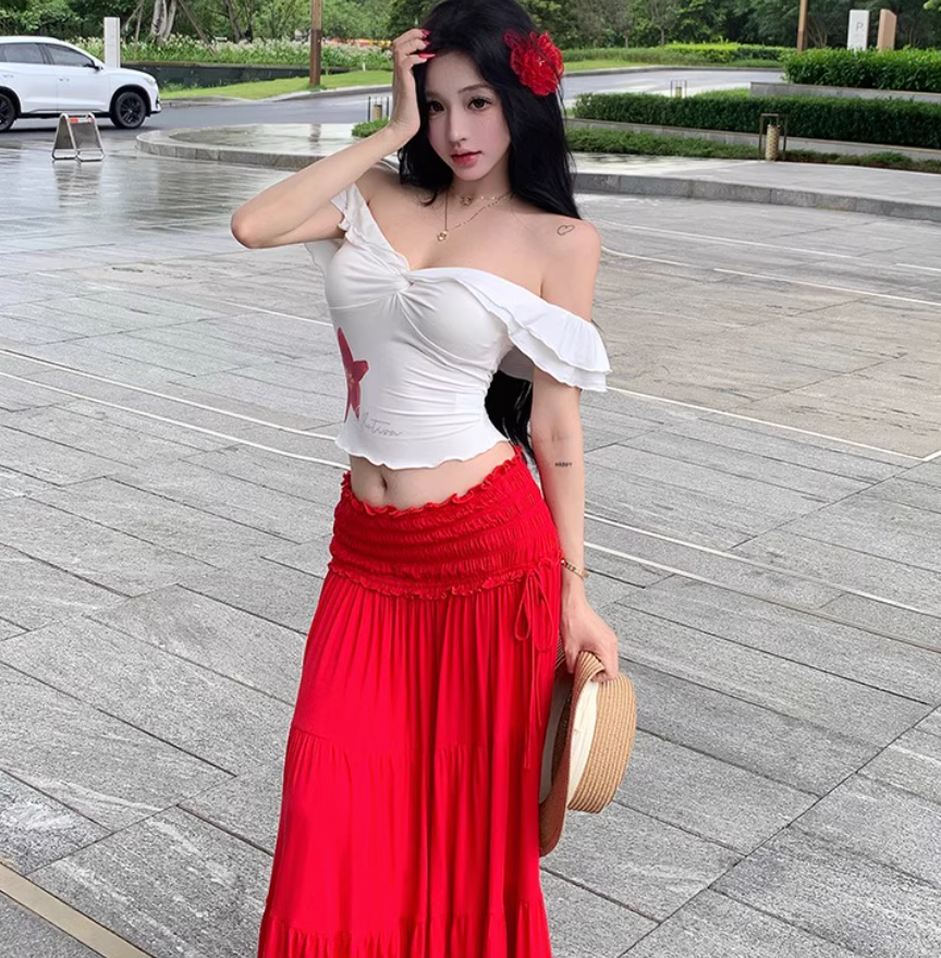 Two Piece Set Elegant Boho Style Off-Shoulder Dress Strapless Travel Outfit Long Dress AP0421