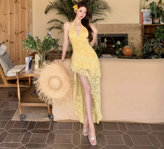 Asymmetrical Hem Lightweight Vacation Midi Dress Backless V Neck Halter Long Dress AP0422