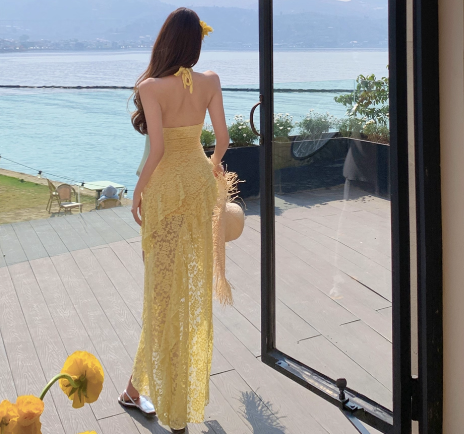 Asymmetrical Hem Lightweight Vacation Midi Dress Backless V Neck Halter Long Dress AP0422