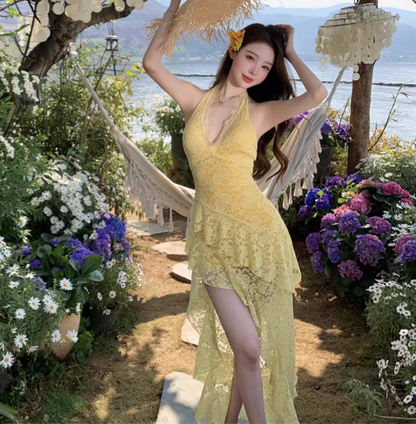 Asymmetrical Hem Lightweight Vacation Midi Dress Backless V Neck Halter Long Dress AP0422