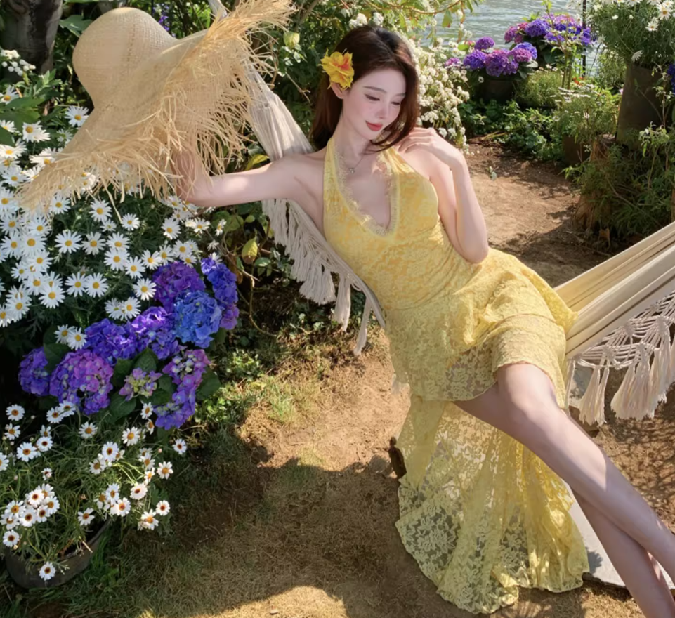 Asymmetrical Hem Lightweight Vacation Midi Dress Backless V Neck Halter Long Dress AP0422