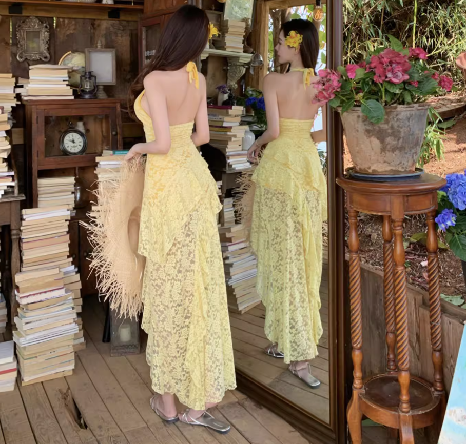 Asymmetrical Hem Lightweight Vacation Midi Dress Backless V Neck Halter Long Dress AP0422