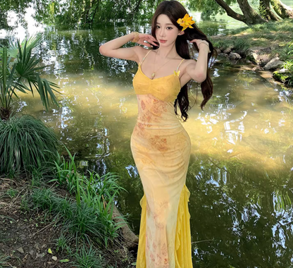 Summer Vacation Floral Print Bodycon Mermaid Dress Spaghetti Strap Photo Ready Long Dress AP0423