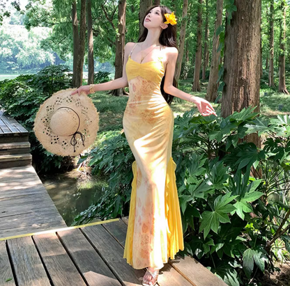 Summer Vacation Floral Print Bodycon Mermaid Dress Spaghetti Strap Photo Ready Long Dress AP0423