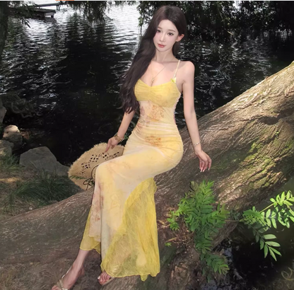 Summer Vacation Floral Print Bodycon Mermaid Dress Spaghetti Strap Photo Ready Long Dress AP0423