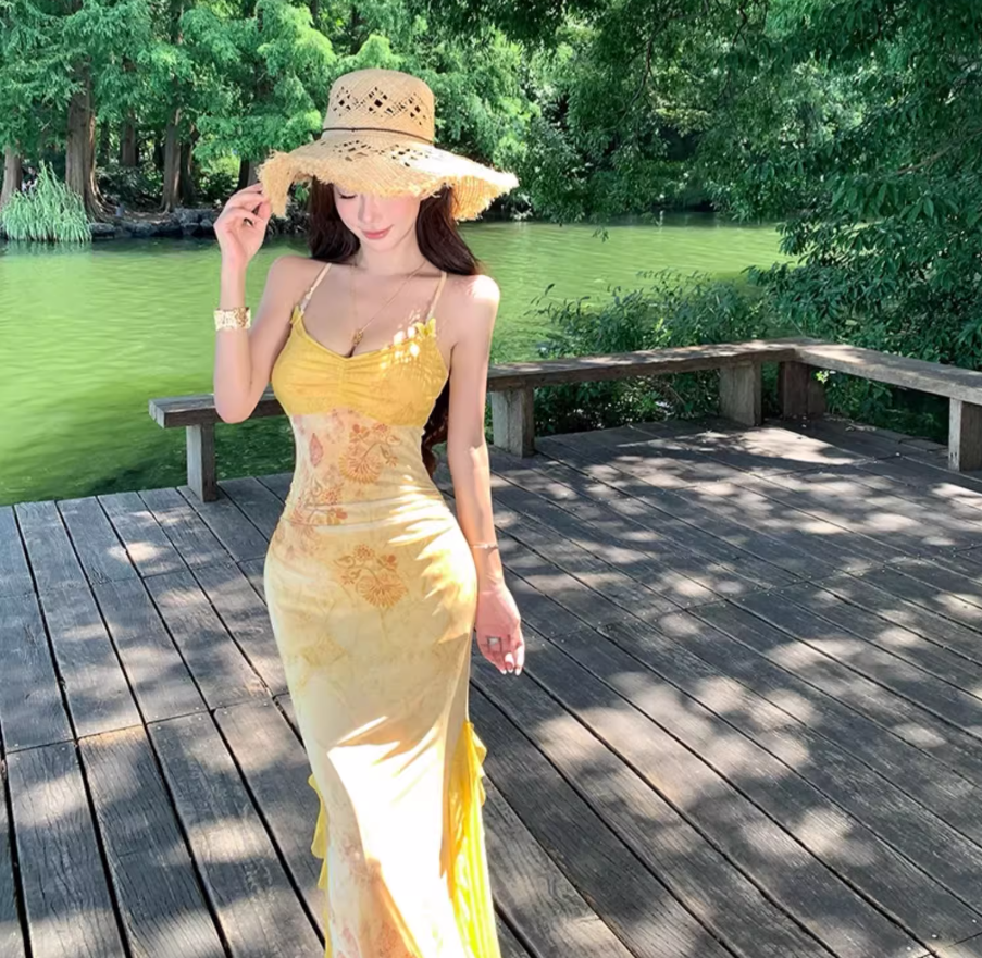 Summer Vacation Floral Print Bodycon Mermaid Dress Spaghetti Strap Photo Ready Long Dress AP0423