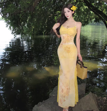 Summer Vacation Floral Print Bodycon Mermaid Dress Spaghetti Strap Photo Ready Long Dress AP0423