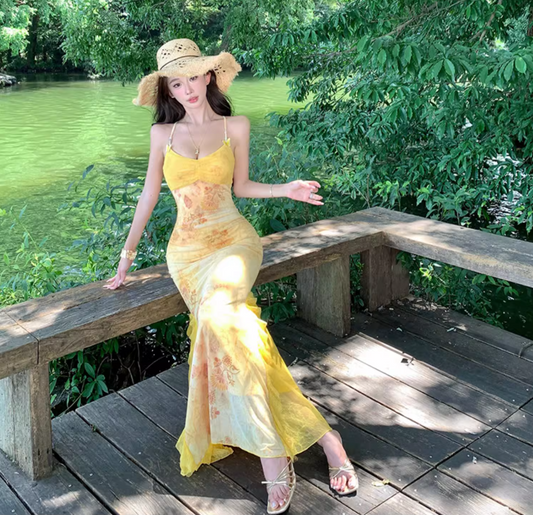 Summer Vacation Floral Print Bodycon Mermaid Dress Spaghetti Strap Photo Ready Long Dress AP0423