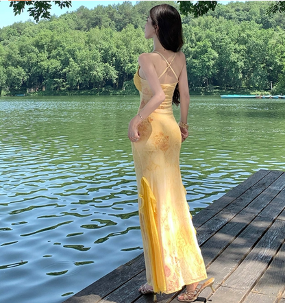 Summer Vacation Floral Print Bodycon Mermaid Dress Spaghetti Strap Photo Ready Long Dress AP0423